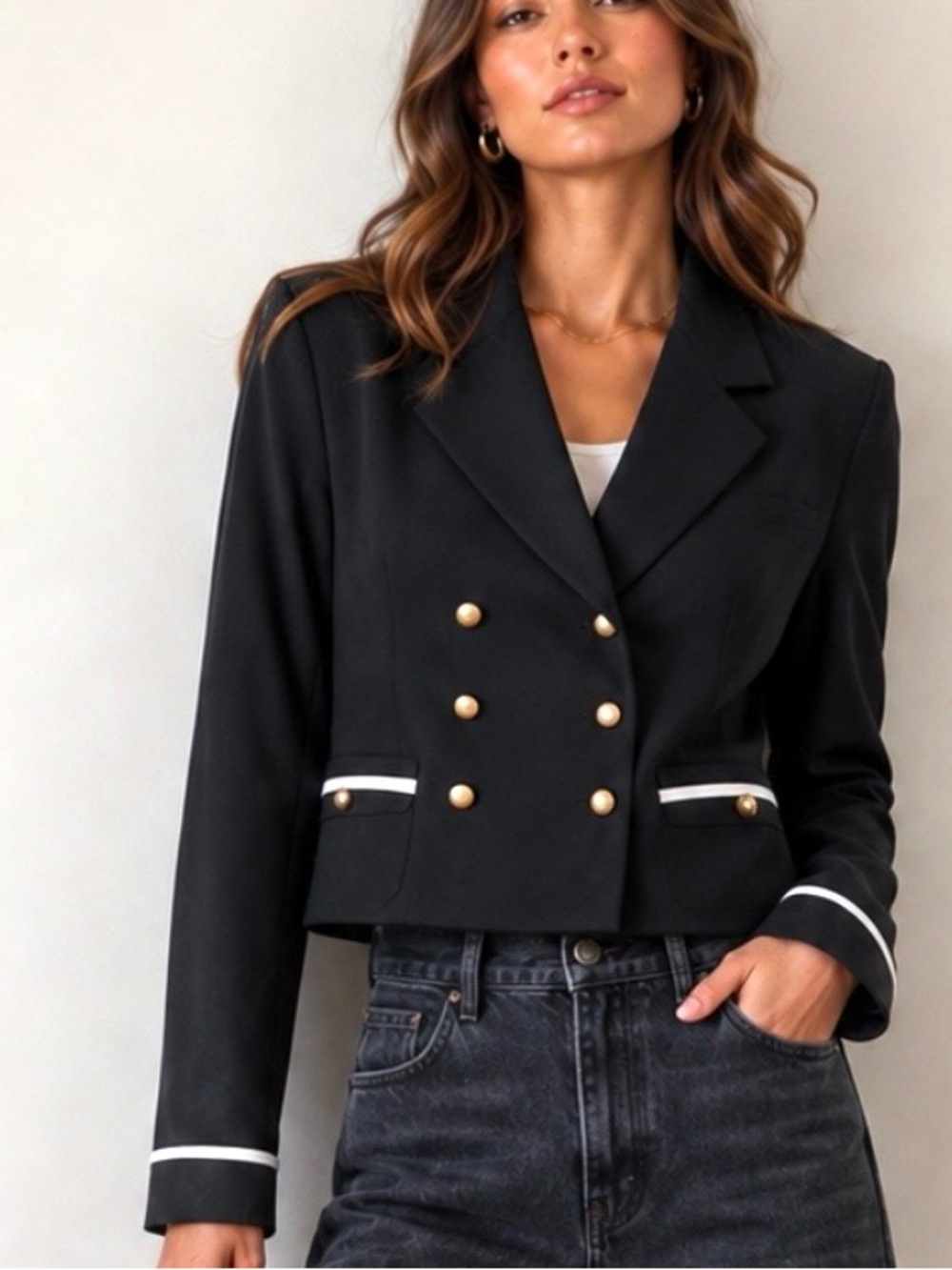Kasper Vintage Black Cropped Double-Breasted Blazer with White Trim